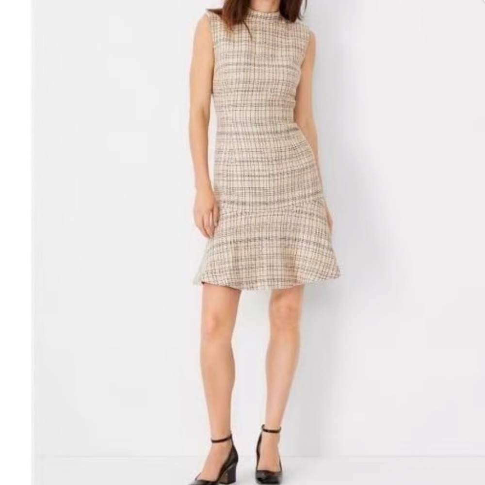 ANN TAYLOR Tweed Mock Neck Flounce Dress